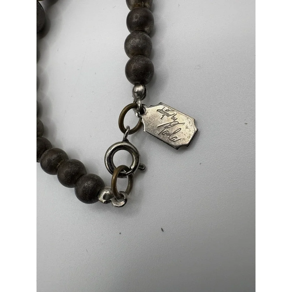 Vtg Designs By Paula Statement Necklace‎ Horn Wood Silver Toned Beads